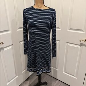 Michael Kors Navy Blue Long-Sleeve Shift Dress with Geometric Pattern.  Size Med